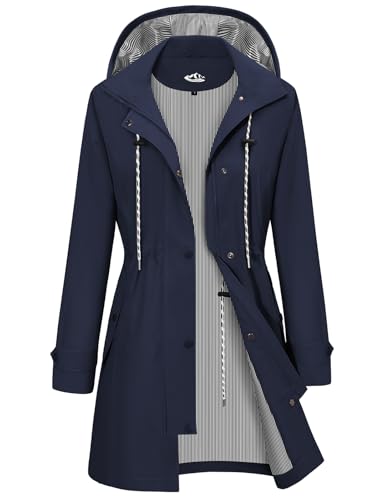 CMTOP Regenjacke Damen Wasserdicht Regenmantel Lang Faltbar Windbreaker Softshelljacke mit Kapuze Leicht Atmungsaktiv Futter Übergangsjacke für Frühling Sommer und Herbst(Marineblau, L) von CMTOP
