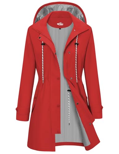 CMTOP Regenjacke Damen Wasserdicht Regenmantel Lang Faltbar Windbreaker Softshelljacke mit Kapuze Leicht Atmungsaktiv Futter Übergangsjacke für Frühling Sommer und Herbst(Rot, S) von CMTOP