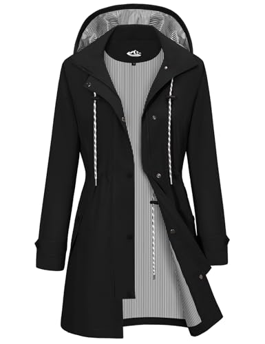 CMTOP Regenjacke Damen Wasserdicht Regenmantel Lang Faltbar Windbreaker Softshelljacke mit Kapuze Leicht Atmungsaktiv Futter Übergangsjacke für Frühling Sommer und Herbst(Schwarz, M) von CMTOP
