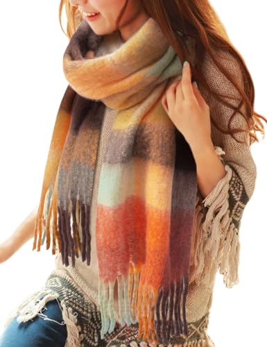CMTOP Schal Damen Winter Warme Kariert Deckenschal Groß Lang Kariert Tartan Lattice Warmer Oversized Fransen Poncho Wintersch von CMTOP