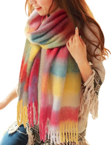 CMTOP Schal Damen Winter Warme Kariert Deckenschal Groß Lang Kariert Tartan Lattice Warmer Oversized Fransen Poncho Wintersch von CMTOP