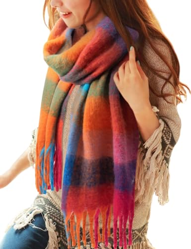 CMTOP Schal Damen Winter Warme Kariert Deckenschal Groß Lang Kariert Tartan Lattice Warmer Oversized Fransen Poncho Wintersch von CMTOP