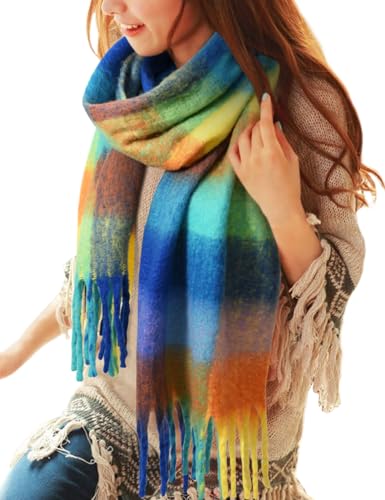 CMTOP Schal Damen Winter Warme Kariert Deckenschal Groß Lang Kariert Tartan Lattice Warmer Oversized Fransen Poncho Wintersch von CMTOP