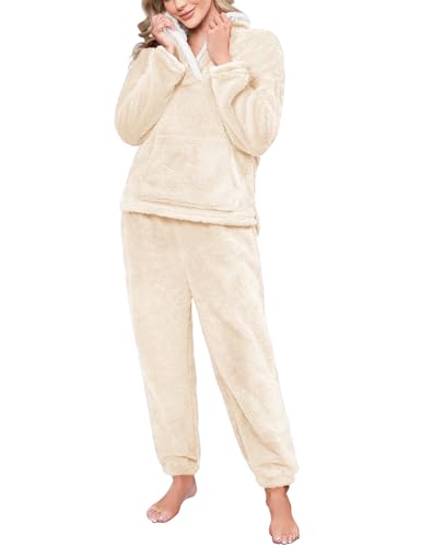 CMTOP Schlafanzug Damen Lang Fleece Pyjama Winter Thermo Hausanzug 2 Teiler Revers Lounge Set Warme Nachtwäsche Kuschelig Loungewear Weich Flauschig Pyjama Set mit Taschen(Champagner, XXL) von CMTOP