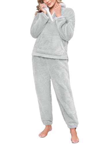 CMTOP Schlafanzug Damen Lang Fleece Pyjama Winter Thermo Hausanzug 2 Teiler Revers Lounge Set Warme Nachtwäsche Kuschelig Loungewear Weich Flauschig Pyjama Set mit Taschen(Grau, M) von CMTOP