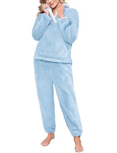 CMTOP Schlafanzug Damen Lang Fleece Pyjama Winter Thermo Hausanzug 2 Teiler Revers Lounge Set Warme Nachtwäsche Kuschelig Loungewear Weich Flauschig Pyjama Set mit Taschen(Hellblau, M) von CMTOP