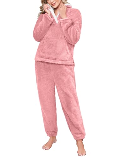 CMTOP Schlafanzug Damen Lang Fleece Pyjama Winter Thermo Hausanzug 2 Teiler Revers Lounge Set Warme Nachtwäsche Kuschelig Loungewear Weich Flauschig Pyjama Set mit Taschen(Orangerosa, L) von CMTOP