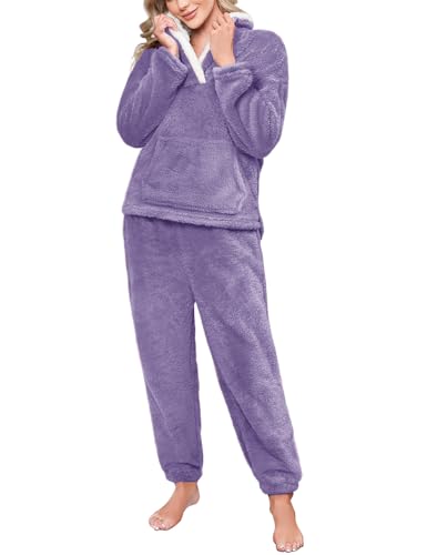 CMTOP Schlafanzug Damen Lang Fleece Pyjama Winter Thermo Hausanzug 2 Teiler Revers Lounge Set Warme Nachtwäsche Kuschelig Loungewear Weich Flauschig Pyjama Set mit Taschen(Violett, M) von CMTOP