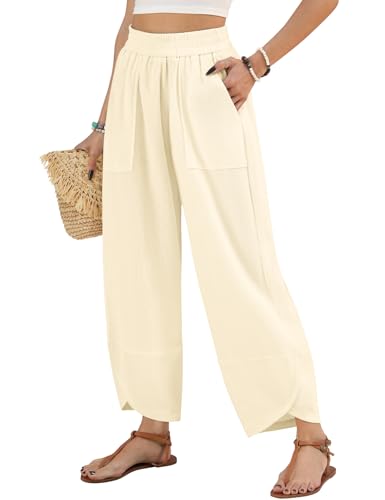 CMTOP Sommerhose Damen Leicht Baggy 7/8 Freizeithose Gemütlich Gaze Lässige Leichtgewicht Damenhosen mit Taschen Passform Gerade Elastische Taille Chinohose von CMTOP