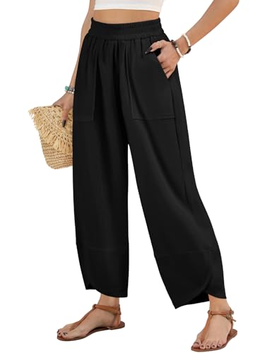 CMTOP Sommerhose Damen Leicht Baggy 7/8 Freizeithose Gemütlich Gaze Lässige Leichtgewicht Damenhosen mit Taschen Passform Gerade Elastische Taille Chinohose von CMTOP