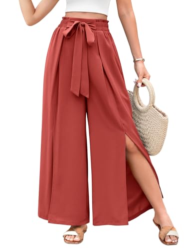 CMTOP Sommerhose Damen Leicht Lässige Palazzo Hose Elastisch Hohe Taille Freizeithose Kordelzug Baggy Schlaghose Elegante Lounge Hose mit Taschen Elegante Einfarbig Marlenehose von CMTOP