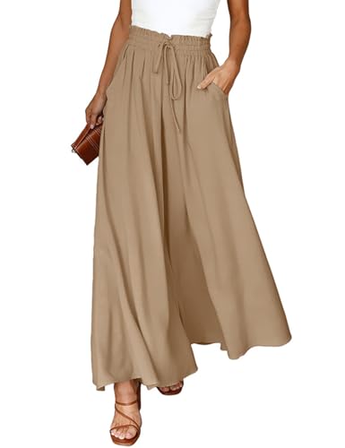 CMTOP Sommerhose Damen Leicht Lässige Palazzo Hose Elastisch Hohe Taille Freizeithose mit Taschen Kordelzug Baggy Schlaghose Elegante Business Hosen(Khaki,L) von CMTOP