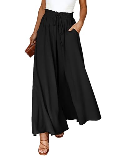 CMTOP Sommerhose Damen Leicht Lässige Palazzo Hose Elastisch Hohe Taille Freizeithose mit Taschen Kordelzug Baggy Schlaghose Elegante Business Hosen(Schwarz,L) von CMTOP