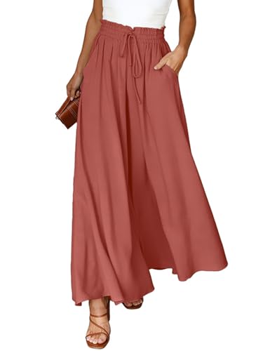 CMTOP Sommerhose Damen Leicht Lässige Palazzo Hose Elastisch Hohe Taille Freizeithose mit Taschen Kordelzug Baggy Schlaghose Elegante Business Hosen von CMTOP