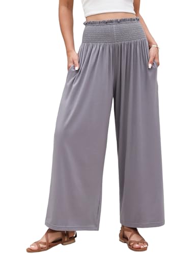 CMTOP Sommerhosen Damen Elastisch Hohe Taille Palazzo Hose Flowy Weite Beinhose Leicht Lässige Freizeithose Lounge Elegante Hose mit Taschen von CMTOP