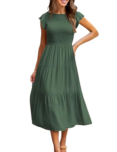 CMTOP Sommerkleid Damen Lang Kleider Sommer Casual Flatterärmel Strandkleid Rüschen Gerüschte Maxikleid Rundhals Elastische Taille Sommerkleider Knielang Gestuftes A Linien Kleid(Armeegrün, S) von CMTOP