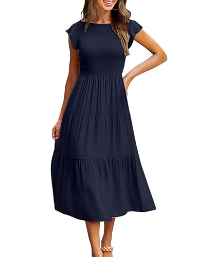 CMTOP Sommerkleid Damen Lang Kleider Sommer Casual Flatterärmel Strandkleid Rüschen Gerüschte Maxikleid Rundhals Elastische Taille Sommerkleider Knielang Gestuftes A Linien Kleid(Marineblau, S) von CMTOP