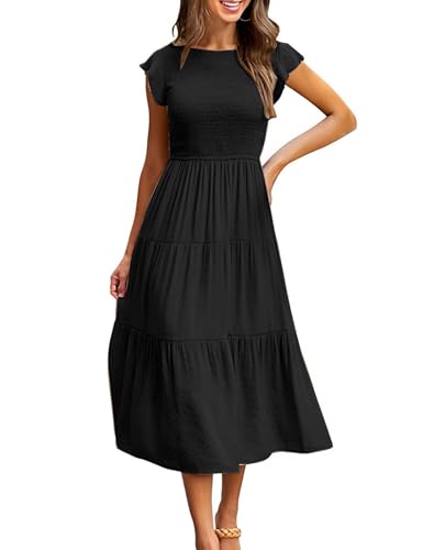 CMTOP Sommerkleid Damen Lang Kleider Sommer Casual Flatterärmel Strandkleid Rüschen Gerüschte Maxikleid Rundhals Elastische Taille Sommerkleider Knielang Gestuftes A Linien Kleid(Schwarz, L) von CMTOP