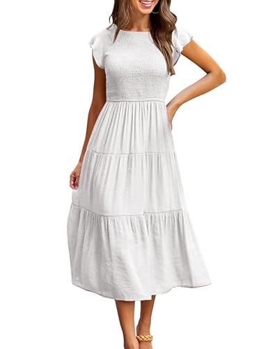 CMTOP Sommerkleid Damen Lang Kleider Sommer Casual Flatterärmel Strandkleid Rüschen Gerüschte Maxikleid Rundhals Elastische Taille Sommerkleider Knielang Gestuftes A Linien Kleid(Weiß, XL) von CMTOP