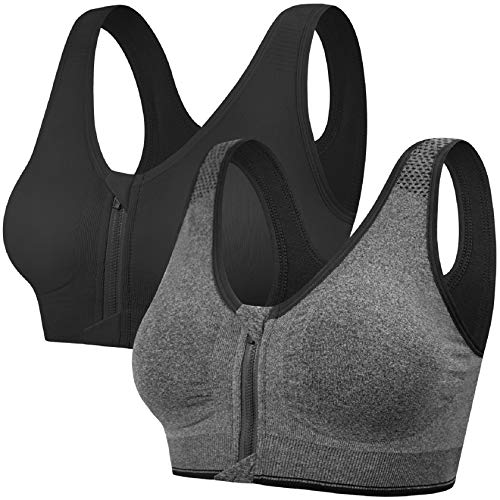 CMTOP Sport BH Yoga Bustier Damen Bras,Vorderverschluss Ohne Bügel Gepolstert Mit Abnehmbaren Pads,für Gymnastik Beim Joggen Fitness Training Yoga BH Top-Schwarz+Grau-M von CMTOP