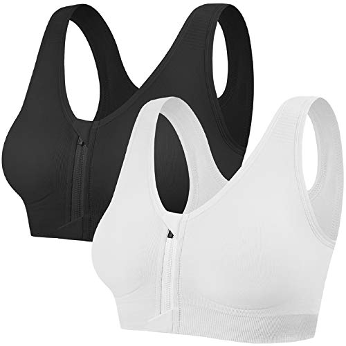 CMTOP Sport BH Yoga Bustier Damen Bras,Vorderverschluss Ohne Bügel Gepolstert Mit Abnehmbaren Pads,für Gymnastik Beim Joggen Fitness Training Yoga BH Top-Schwarz+Weiß-XXL von CMTOP