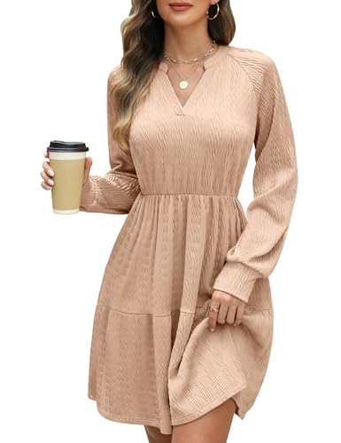 CMTOP Strickkleid Damen Herbst Elegant Kleider Langarm V-Ausschnitt Pulloverkleid Herbstkleid Gestrickt Freizeitkleider Elastische Hohe Taille Tunika A Linien Kleid mit Taschen von CMTOP