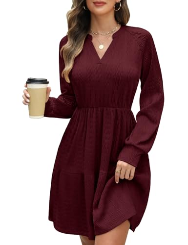 CMTOP Strickkleid Damen Herbst Elegant Kleider Langarm V-Ausschnitt Pulloverkleid Herbstkleid Gestrickt Freizeitkleider Elastische Hohe Taille Tunika A Linien Kleid mit Taschen von CMTOP