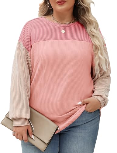 CMTOP Sweatshirt Damen Pullover Herbst Winter Große Größen Casual Rundhals Langarm Oberteile Oversized Langarmshirt Farbblock Pullover Tops XL-5XL von CMTOP
