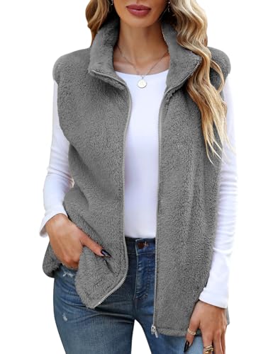 CMTOP Teddy Fleece Weste Damen Herbst Winter Plüsch Ärmellos Weste Kurze mit Stehkragen Leicht Casual Damen-westen Bequem Weich Übergangsjacke Wärme Fleeceweste Reißverschluss(Grau, L) von CMTOP