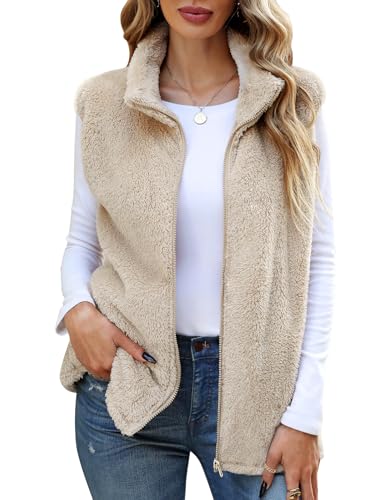 CMTOP Teddy Fleece Weste Damen Herbst Winter Plüsch Ärmellos Weste Kurze mit Stehkragen Leicht Casual Damen-westen Bequem Weich Übergangsjacke Wärme Fleeceweste Reißverschluss(Khaki, S) von CMTOP