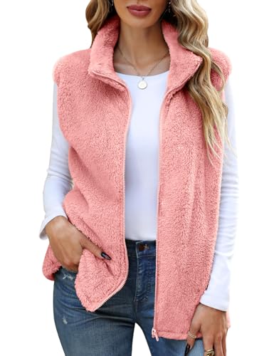 CMTOP Teddy Fleece Weste Damen Herbst Winter Plüsch Ärmellos Weste Kurze mit Stehkragen Leicht Casual Damen-westen Bequem Weich Übergangsjacke Wärme Fleeceweste Reißverschluss(Rosa, XL) von CMTOP