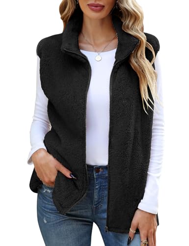CMTOP Teddy Fleece Weste Damen Herbst Winter Plüsch Ärmellos Weste Kurze mit Stehkragen Leicht Casual Damen-westen Bequem Weich Übergangsjacke Wärme Fleeceweste Reißverschluss(Schwarz, XXL) von CMTOP