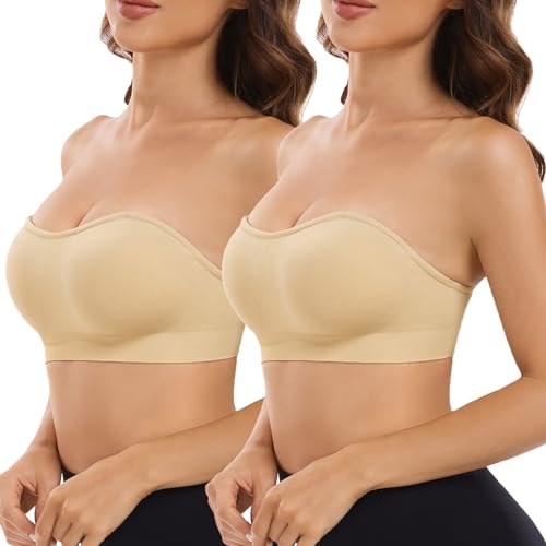 CMTOP Trägerloser BH Ohne Träger Damen Bandeau BH Gepolstert Strapless Bra Tube Top Nahtlose Bralette BH Abnehmbare Padding Unsichtbarer BH Trägerlos mit Transparenten Trägern(Beige*2, M) von CMTOP