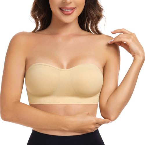 CMTOP Trägerloser BH Ohne Träger Damen Bandeau BH Gepolstert Strapless Bra Tube Top Nahtlose Bralette BH Abnehmbare Padding Unsichtbarer BH Trägerlos mit Transparenten Trägern(Beige, XL) von CMTOP