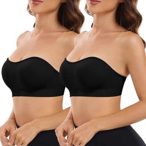 CMTOP Trägerloser BH Ohne Träger Damen Bandeau BH Gepolstert Strapless Bra Tube Top Nahtlose Bralette BH Abnehmbare Padding Unsichtbarer BH Trägerlos mit Transparenten Trägern(Schwarz*2, M) von CMTOP