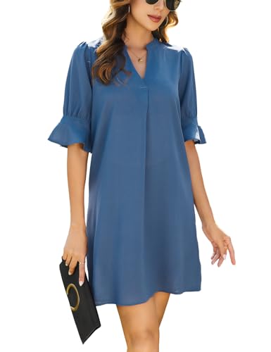 CMTOP V-Ausschnitt Rüschen Halbarm Hemdkleid Einfarbige Einfache Sommer Kurzes Kleid Weite Freizeitkleider Damen Elegant Urlaubskleid(Blau,L) von CMTOP