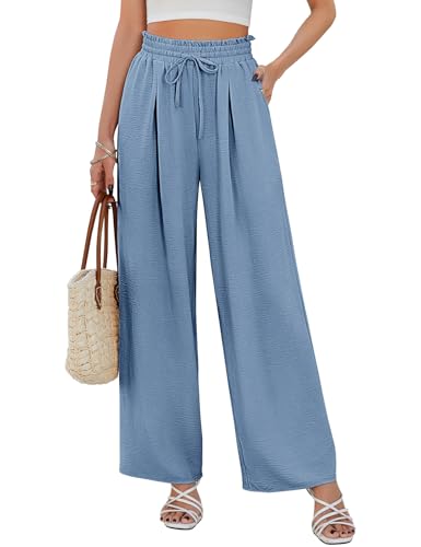 CMTOP Weite Hose Damen Sommer Gerade Geschnitten Palazzo Hose Hohe Taille Stoffhose mit Gummizug Leichte Damenhose mit Taschen für Legere Arbeit Geeignet von CMTOP