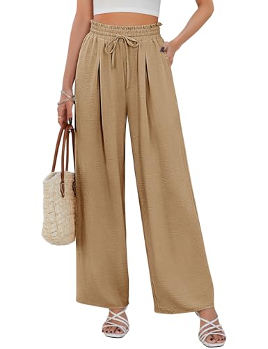 CMTOP Weite Hose Damen Sommer Gerade Geschnitten Palazzo Hose Hohe Taille Stoffhose mit Gummizug Leichte Damenhose mit Taschen für Legere Arbeit Geeignet von CMTOP
