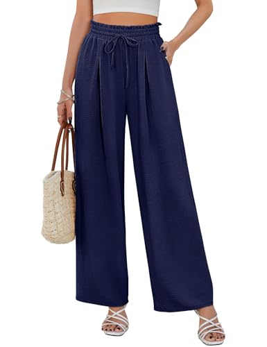 CMTOP Weite Hose Damen Sommer Gerade Geschnitten Palazzo Hose Hohe Taille Stoffhose mit Gummizug Leichte Damenhose mit Taschen für Legere Arbeit Geeignet von CMTOP
