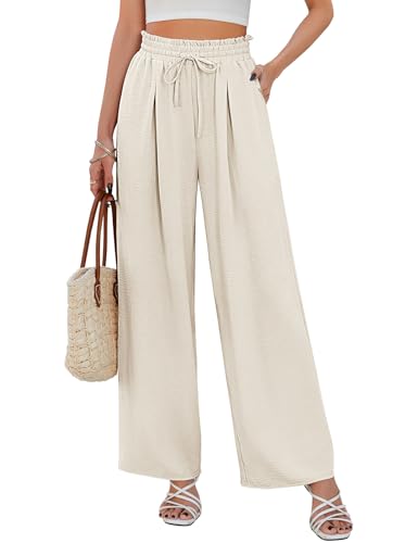 CMTOP Weite Hose Damen Sommer Gerade Geschnitten Palazzo Hose Hohe Taille Stoffhose mit Gummizug Leichte Damenhose mit Taschen für Legere Arbeit Geeignet von CMTOP