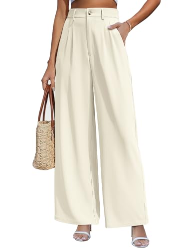 CMTOP Weite Hosen Damen Hohe Taille Stoffhose Sommer Palazzo Hose Lässig Locker Gerade Beinform Einfarbig Lange Hose Elegant Freizeithose Loose Fit Anzughose mit Tasche(Beige, XL) von CMTOP
