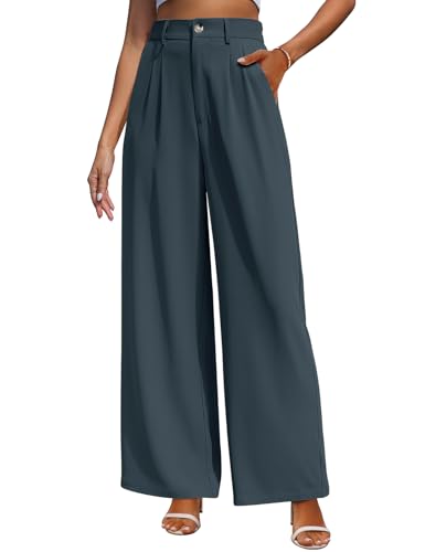 CMTOP Weite Hosen Damen Hohe Taille Stoffhose Sommer Palazzo Hose Lässig Locker Gerade Beinform Einfarbig Lange Hose Elegant Freizeithose Loose Fit Anzughose mit Tasche(Blau-grau, XL) von CMTOP