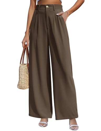 CMTOP Weite Hosen Damen Hohe Taille Stoffhose Sommer Palazzo Hose Lässig Locker Gerade Beinform Einfarbig Lange Hose Elegant Freizeithose Loose Fit Anzughose mit Tasche(Braun, L) von CMTOP