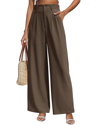 CMTOP Weite Hosen Damen Hohe Taille Stoffhose Sommer Palazzo Hose Lässig Locker Gerade Beinform Einfarbig Lange Hose Elegant Freizeithose Loose Fit Anzughose mit Tasche(Braun, M) von CMTOP