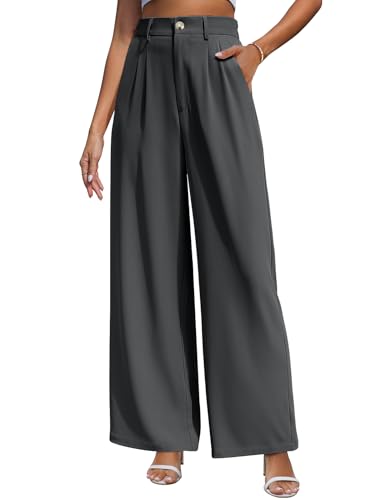 CMTOP Weite Hosen Damen Hohe Taille Stoffhose Sommer Palazzo Hose Lässig Locker Gerade Beinform Einfarbig Lange Hose Elegant Freizeithose Loose Fit Anzughose mit Tasche(Grau, L) von CMTOP