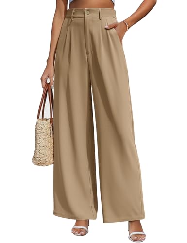 CMTOP Weite Hosen Damen Hohe Taille Stoffhose Sommer Palazzo Hose Lässig Locker Gerade Beinform Einfarbig Lange Hose Elegant Freizeithose Loose Fit Anzughose mit Tasche(Khaki, S) von CMTOP