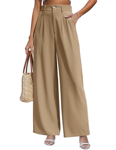 CMTOP Weite Hosen Damen Hohe Taille Stoffhose Sommer Palazzo Hose Lässig Locker Gerade Beinform Einfarbig Lange Hose Elegant Freizeithose Loose Fit Anzughose mit Tasche(Khaki, XL) von CMTOP