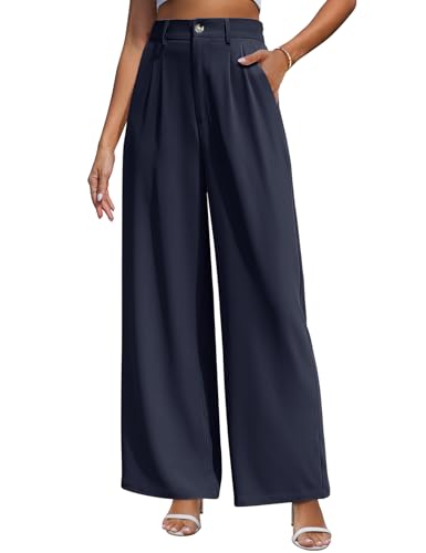 CMTOP Weite Hosen Damen Hohe Taille Stoffhose Sommer Palazzo Hose Lässig Locker Gerade Beinform Einfarbig Lange Hose Elegant Freizeithose Loose Fit Anzughose mit Tasche(Marineblau, M) von CMTOP