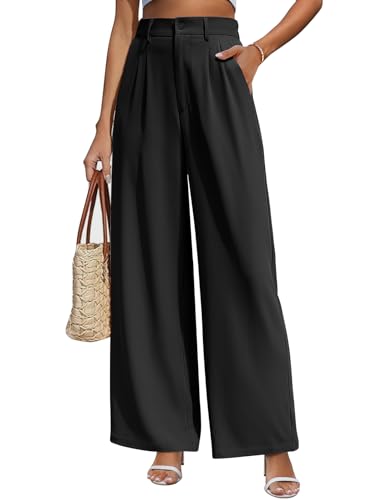 CMTOP Weite Hosen Damen Hohe Taille Stoffhose Sommer Palazzo Hose Lässig Locker Gerade Beinform Einfarbig Lange Hose Elegant Freizeithose Loose Fit Anzughose mit Tasche(Schwarz, L) von CMTOP