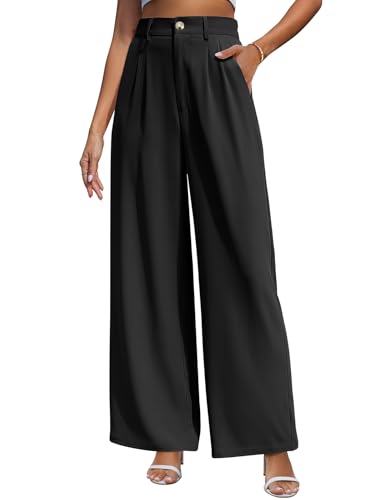 CMTOP Weite Hosen Damen Hohe Taille Stoffhose Sommer Palazzo Hose Lässig Locker Gerade Beinform Einfarbig Lange Hose Elegant Freizeithose Loose Fit Anzughose mit Tasche(Schwarz, M) von CMTOP